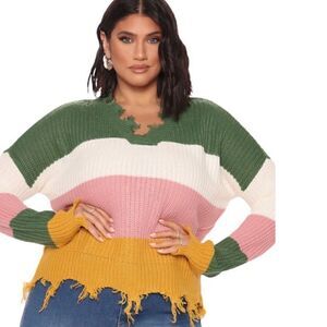 Full circle Trends Multicolored Colorblock Striped Frayed Sweater
